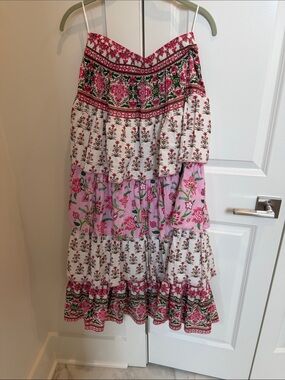 EUC Bohemian Tiered Floral Maxi Skirt in Pink and White size S